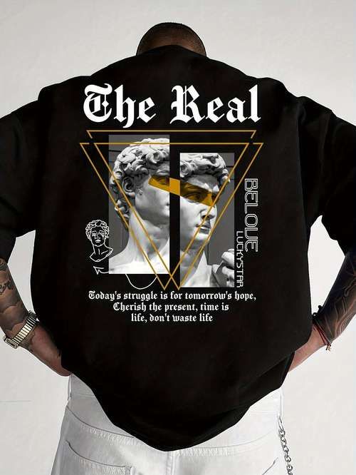 Black cotton oversized tshirt with THE REAL print