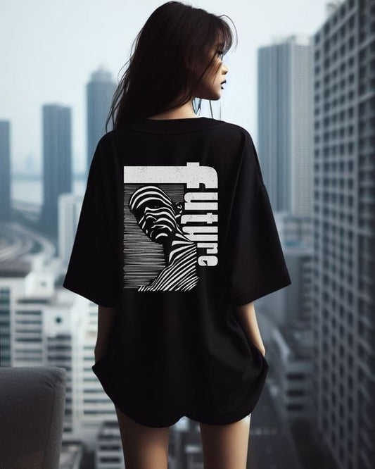 Future girl design printed on back cotton black oversized t-shirt