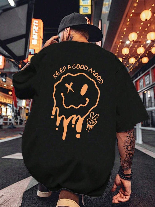 Keep a good mood printed black oversized tshirt