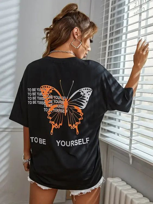 To be yourself printed black cotton oversized t-shirt for girls