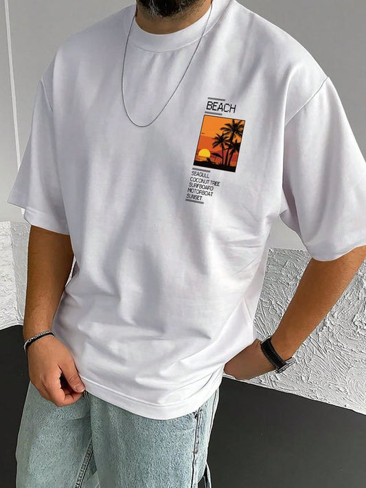 White oversized premium cotton tshirt with beach print