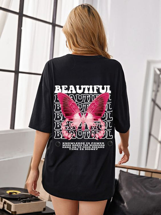 Beautifull butterfly design printed black cotton oversized tshirt for girls